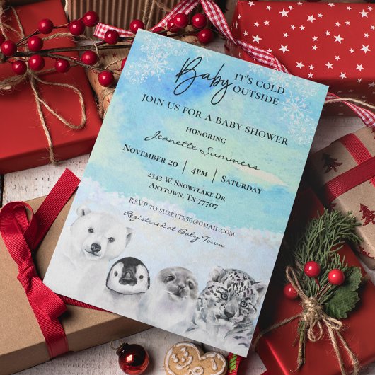 冬の北極動物の赤ちゃんシャワー外は寒い 招待状