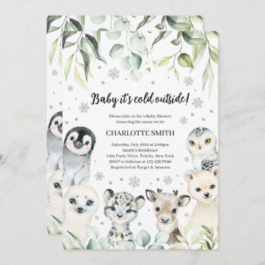冬の北極動物の赤ちゃんシャワー 招待状 (正面/裏面)