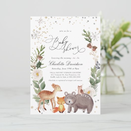 冬の北極動物の赤男女兼用ちゃんシャワー 招待状 (スタンド正面)