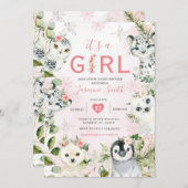 冬の北極動物フローラガールベビーシャワー 招待状 (正面/裏面)