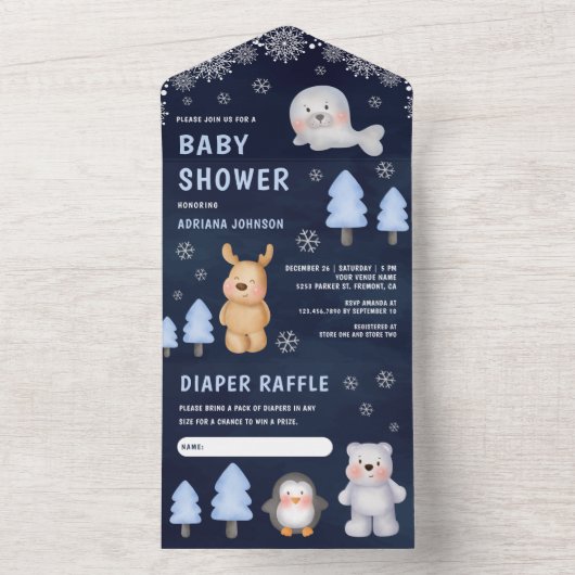 冬の北極動物海軍ブルーベビーシャワー オールインワン招待状 (内側)