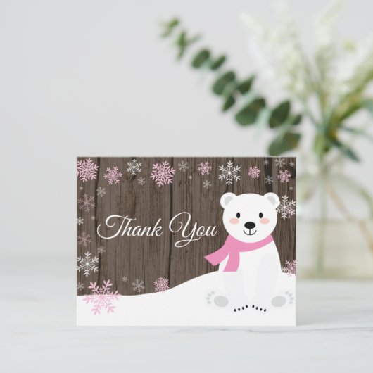 冬の北極熊の雪片ピンクサンキューカード サンキューカード (スタンド正面)