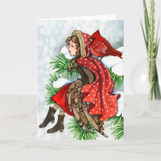 冬の友人-基本的な鳥の女の子の挨拶状 シーズンカード (正面)