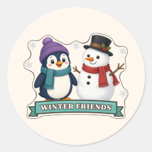 冬の友達ペンギンと雪だるま ラウンドシール