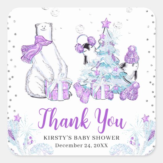 冬の友達 ポーラベア&ペンギン ベビーシャワー スクエアシール (正面)