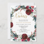 冬の双子の赤ちゃんの金ゴールドのクリスマスシャワー 招待状 (正面)