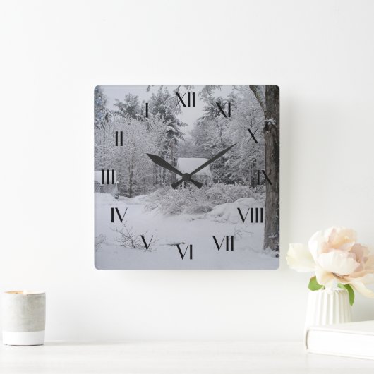冬の古い井戸の家バッククロック スクエア壁時計 (ホーム)