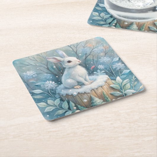 冬の可愛いウサギ スクエアペーパーコースター (アングル)