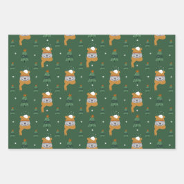 冬の可愛いクリスマス猫が緑と日焼け ラッピングペーパーシート