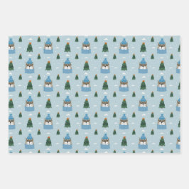 冬の可愛いクリスマス猫が青く感じる ラッピングペーパーシート