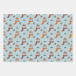 冬の可愛いクリスマス猫に淡いブルー ラッピングペーパーシート