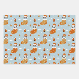 冬の可愛いクリスマス猫に淡いブルー ラッピングペーパーシート