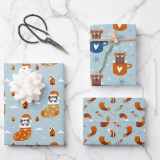 冬の可愛いクリスマス猫に淡いブルー ラッピングペーパーシート