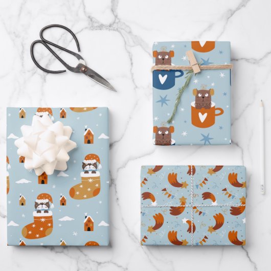 冬の可愛いクリスマス猫に淡いブルー ラッピングペーパーシート (正面)