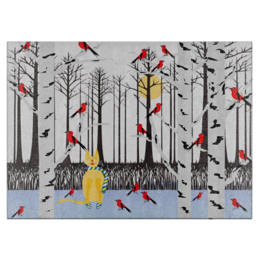 冬の喜び – スカーフの猫樺の木ツリー深紅色 カッティングボード (正面)