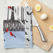 冬の喜び – スカーフの猫樺の木ツリー深紅色 キッチンタオル (四つ折り)