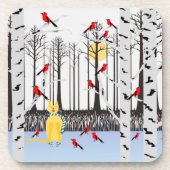 冬の喜び – スカーフの猫樺の木ツリー深紅色 コースター (正面)