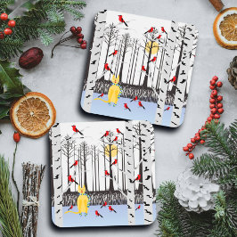 冬の喜び – スカーフの猫樺の木ツリー深紅色 コースター