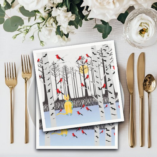 冬の喜び – スカーフの猫樺の木ツリー深紅色 スタンダードカクテルナプキン