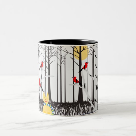 冬の喜び – スカーフの猫樺の木ツリー深紅色 ツートーンマグカップ (中央)