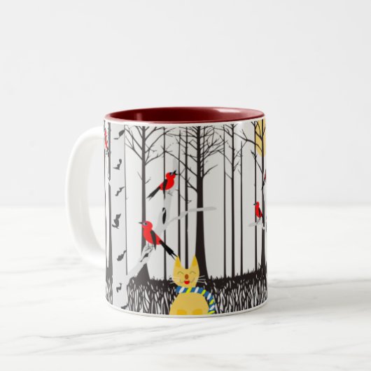冬の喜び – スカーフの猫樺の木ツリー深紅色 ツートーンマグカップ (正面左)