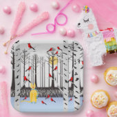 冬の喜び – スカーフの猫樺の木ツリー深紅色 ペーパープレート (パーティー)