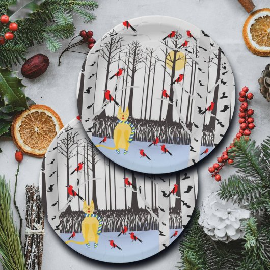 冬の喜び – スカーフの猫樺の木ツリー深紅色 ペーパープレート