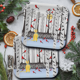 冬の喜び – スカーフの猫樺の木ツリー深紅色 ペーパープレート