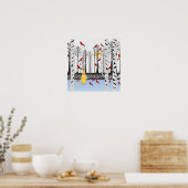 冬の喜び – スカーフの猫樺の木ツリー深紅色 ポスター (キッチン)