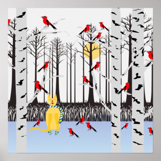 冬の喜び – スカーフの猫樺の木ツリー深紅色 ポスター (正面)