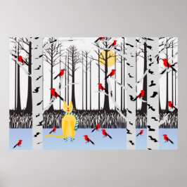 冬の喜び – スカーフの猫樺の木ツリー深紅色 ポスター