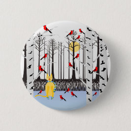 冬の喜び – スカーフの猫樺の木ツリー深紅色 缶バッジ