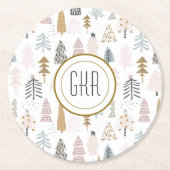 冬の国お洒落の木モノグラム ラウンドペーパーコースター (正面)