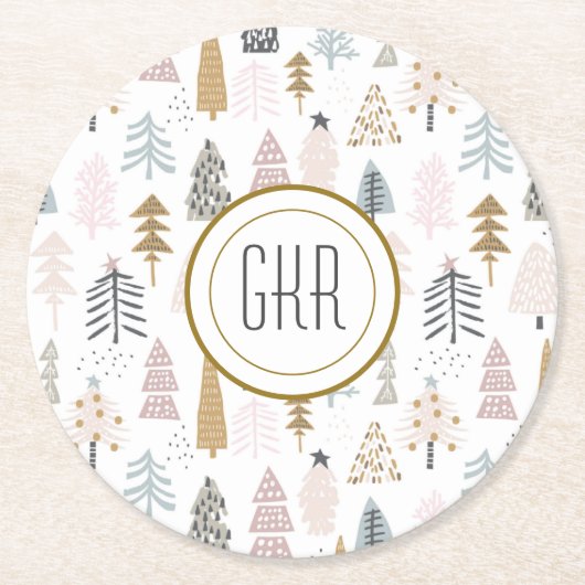 冬の国お洒落の木モノグラム ラウンドペーパーコースター (正面)