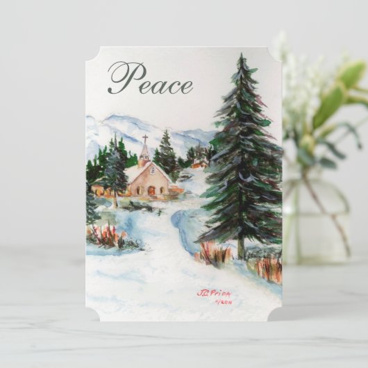 冬の国の教会の水の色マウンテンシーン 招待状 (スタンド正面)