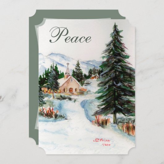 冬の国の教会の水の色マウンテンシーン 招待状 (正面/裏面)