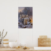 冬の土地、雪の中の城、レトロ城絵画の ポスター (キッチン)