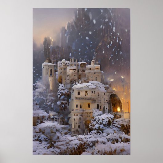 冬の土地、雪の中の城、レトロ城絵画の ポスター (正面)