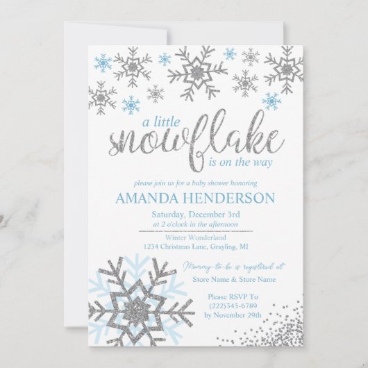 冬の埃っぽい青いスノーフレーク赤ちゃんシャワー 招待状 (正面)