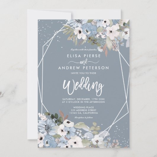 冬の埃っぽい青いフローラの雪の写真の結婚スクリプト 招待状 (正面)