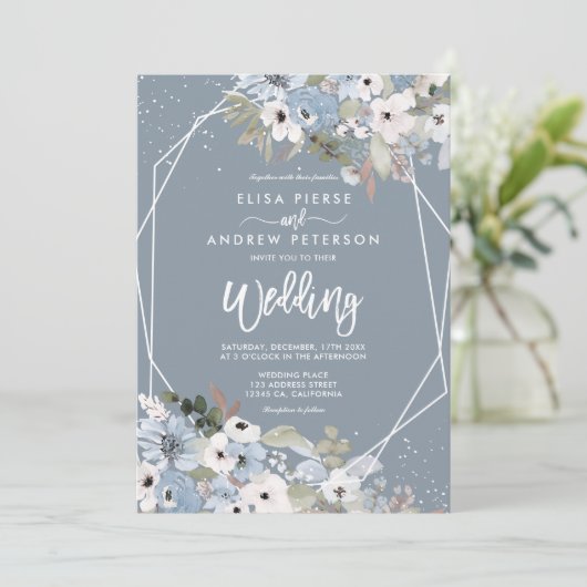 冬の埃っぽい青いフローラの雪の写真の結婚スクリプト 招待状 (スタンド正面)