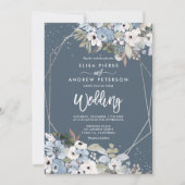 冬の埃っぽい青いフローラシルバー結婚の写真 招待状 (正面)