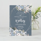 冬の埃っぽい青いフローラシルバー結婚の写真 招待状 (スタンド正面)