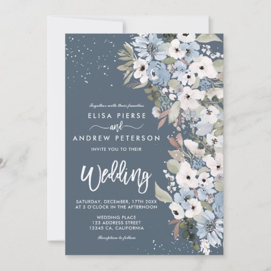 冬の埃っぽい青いフローラ結婚雪 招待状 (正面)