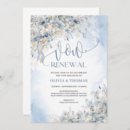 冬の埃っぽい青い花アイボリーバラは再生を誓う 招待状 (正面/裏面)