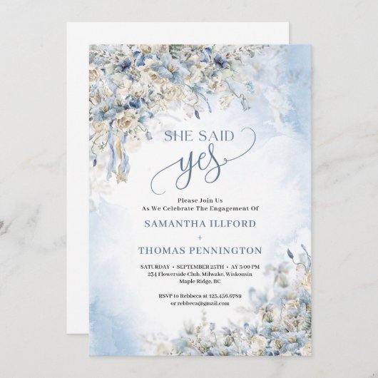 冬の埃っぽい青い花アイボリーバラ彼女はyesと言った 招待状 (正面/裏面)