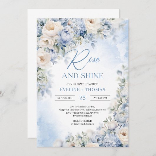 冬の埃っぽい青とアイボリーの花が咲き乱れる 招待状 (正面/裏面)