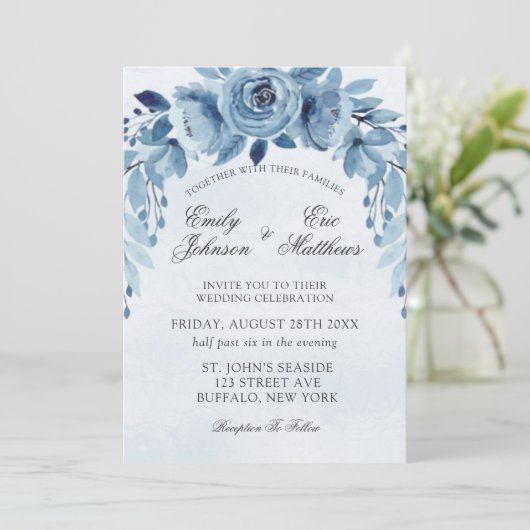冬の埃っぽい青と海軍のオレアンダー結婚牡丹 招待状 (スタンド正面)
