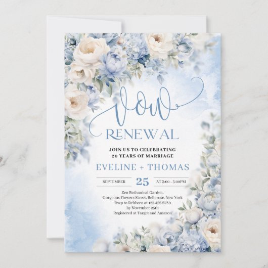 冬の塵の青とアイボリーの花の更新を誓う 招待状 (正面)