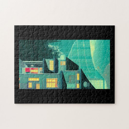 冬の夕べライトハウスグラス建物松の木 ジグソーパズル (横)